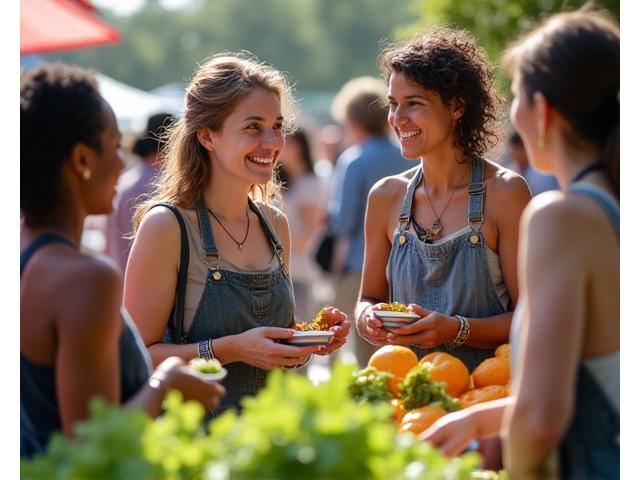 Gilded Harvest team members interacting with customers during a community event, smiling and showcasing fresh produce, emphasizing local connection.