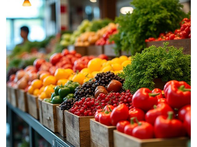 A vibrant display of fresh, organic fruits and vegetables in a well-lit grocery store, showcasing quality and abundance.