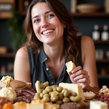 Portrait of Chloe Adams, Specialty Foods Buyer, sampling a gourmet cheese with an appreciative look.