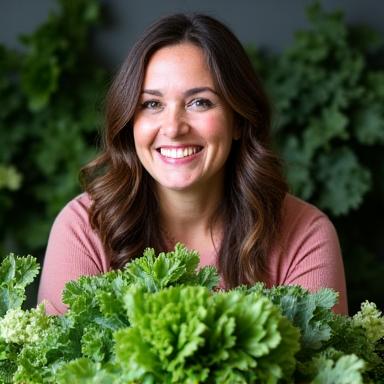 Portrait of Elara Fletcher, Head of Produce, smiling warmly amidst fresh green vegetables.