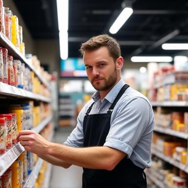 Portrait of Liam Smith, Store Manager, attentively arranging products on a shelf, demonstrating care for detail.