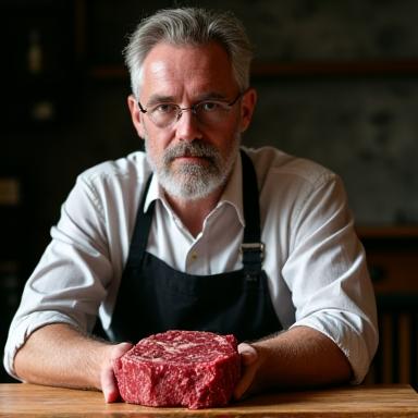 Portrait of Thomas Brooks, Master Butcher, holding a cut of premium meat with a thoughtful expression.