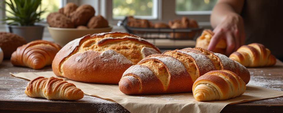 Freshly baked artisan bread and pastries on a wooden table