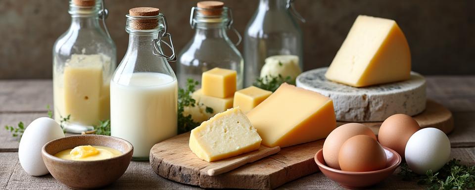 Artisanal cheeses, milk bottles, and farm-fresh eggs
