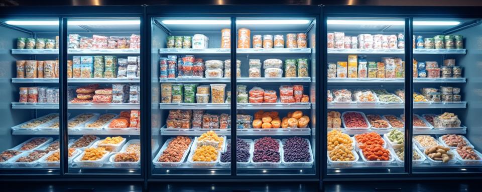 Variety of gourmet frozen meals, berries, and vegetables in a freezer aisle