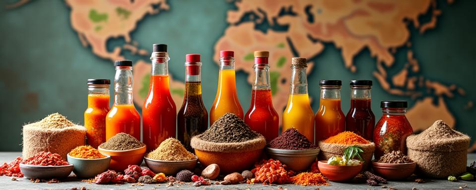 Colorful display of international spices, sauces, and exotic ingredients