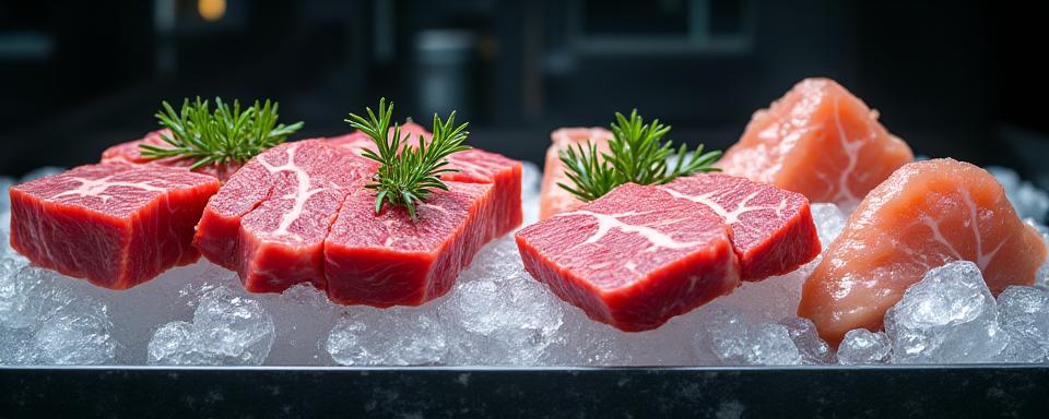 Premium cuts of beef, fresh fish, and shellfish on ice