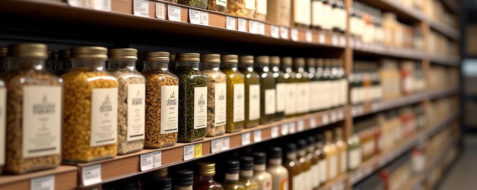 Organized shelves of high-quality pasta, grains, oils, and spices