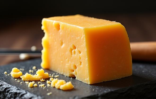 Block of artisanal mature cheddar cheese with crumbs