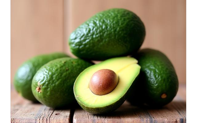 Ripe green avocados stacked