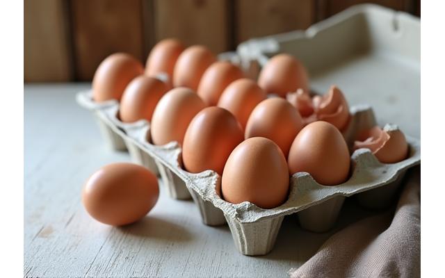 Carton of free-range eggs on a rustic wooden table