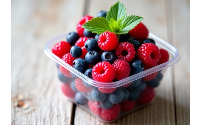 Fresh organic mixed berries in a clear container