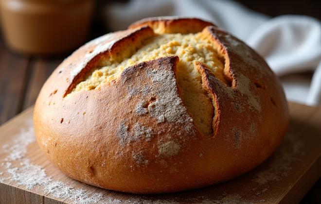 Crusty golden sourdough bread loaf on a cutting board